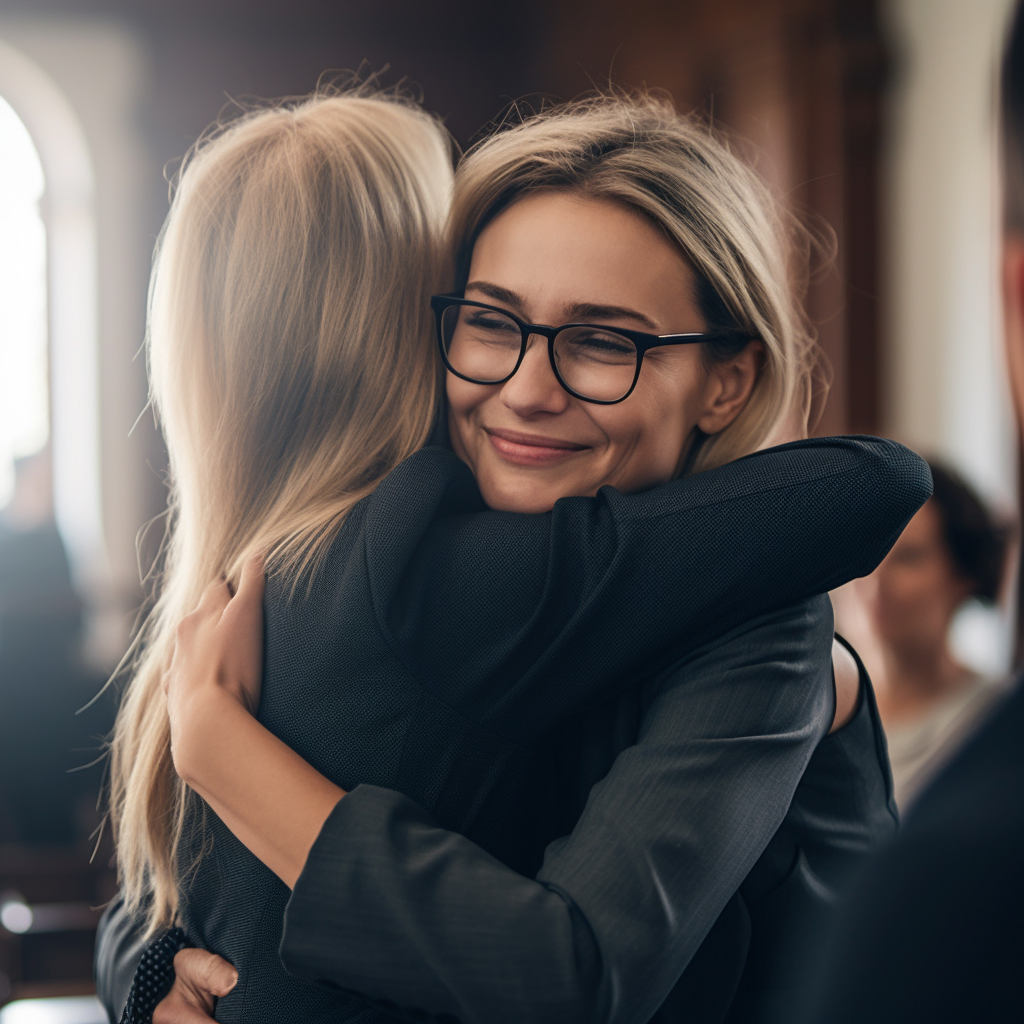 family attorney hugging her client